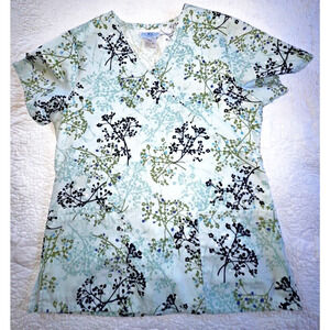 SB Scrub Top V Neck Cotton Elastic Back 3 Pocket Blue Floral Women's S Nursing